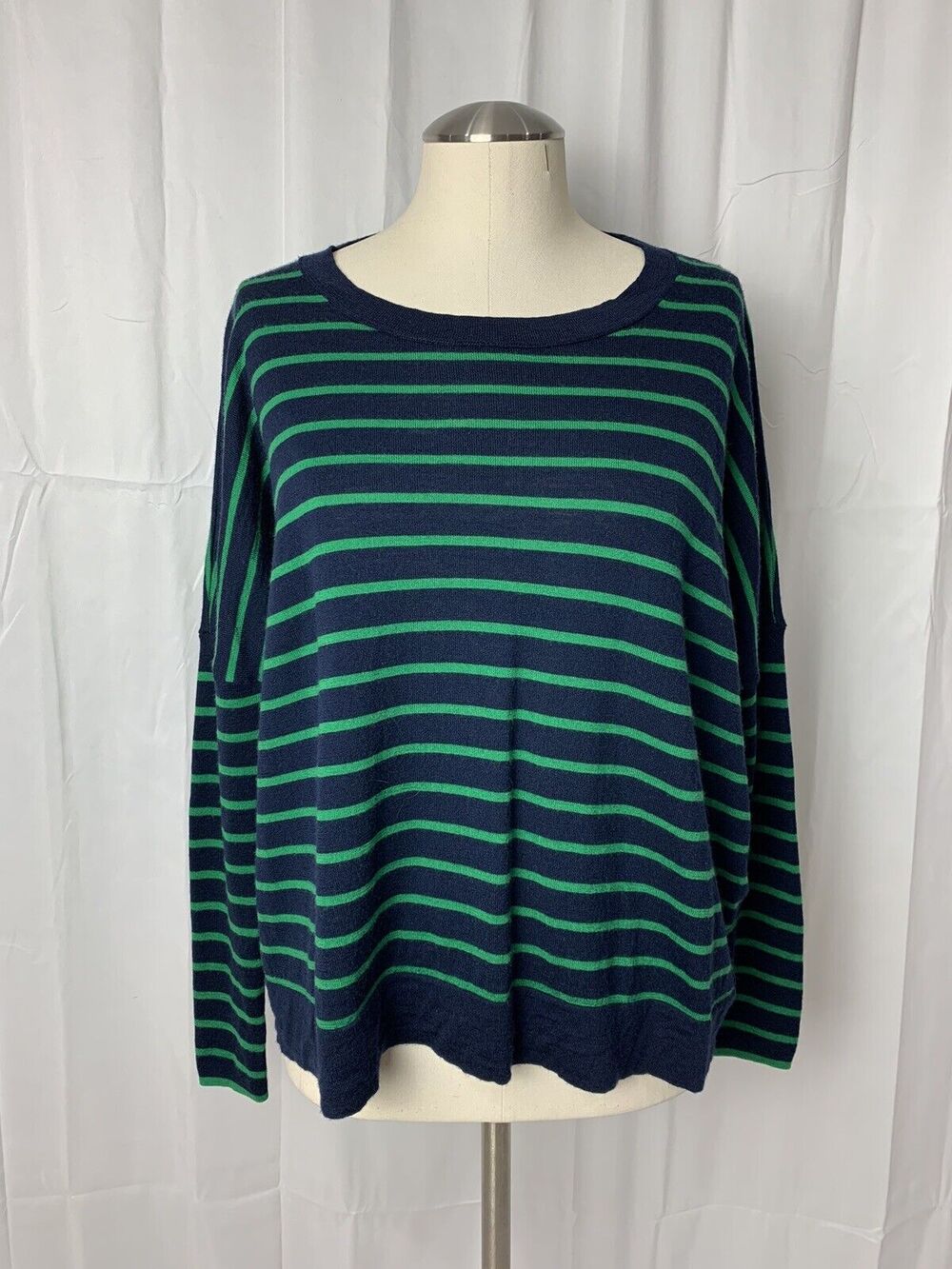 J Crew Women's Oversized Blue Green Striped Long Sleeve Wool Sweater S Preppy